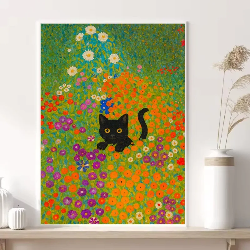 Vintage Klimt Inspired Black Cat Colorful Field of Flowers Illustration Poster Canvas  Wall Art Pictures Home Decor