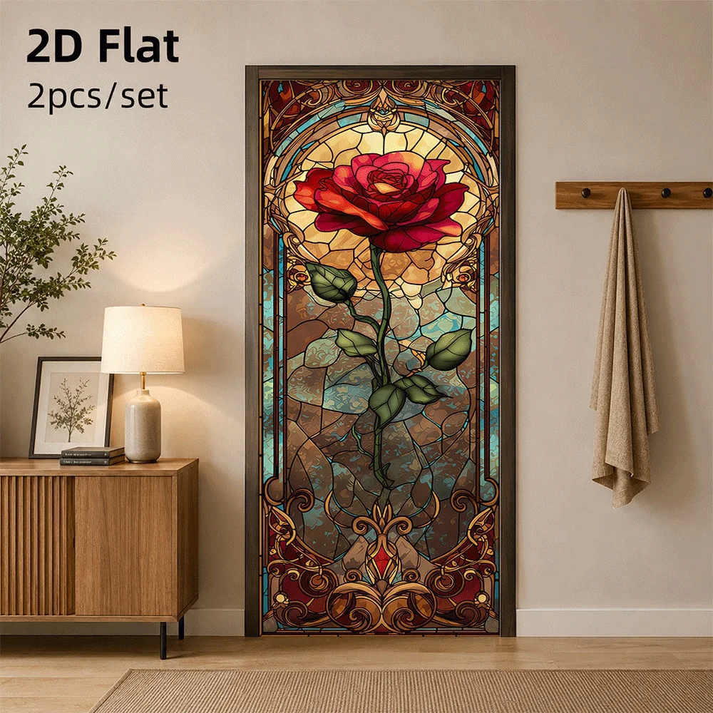 1 piece of retro painted glass style rose door sticker, living room and bedroom decoration sticker, 2D flat