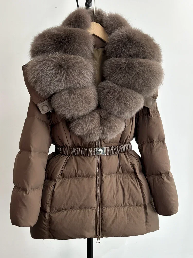 Janveny grande pelliccia di volpe naturale 90% piumino d'anatra donna 2024 inverno nuovo parka di piume femminili spesse piumino sottile con cintura