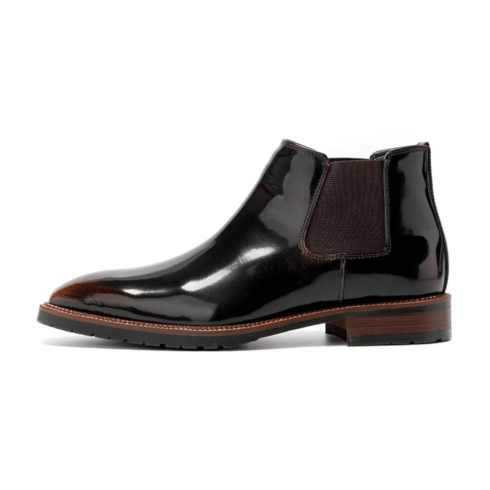 Men's Genuine Leather Boots New Fashion British Style Pointed Toe High Top Shiny Leather Short Boots for Men