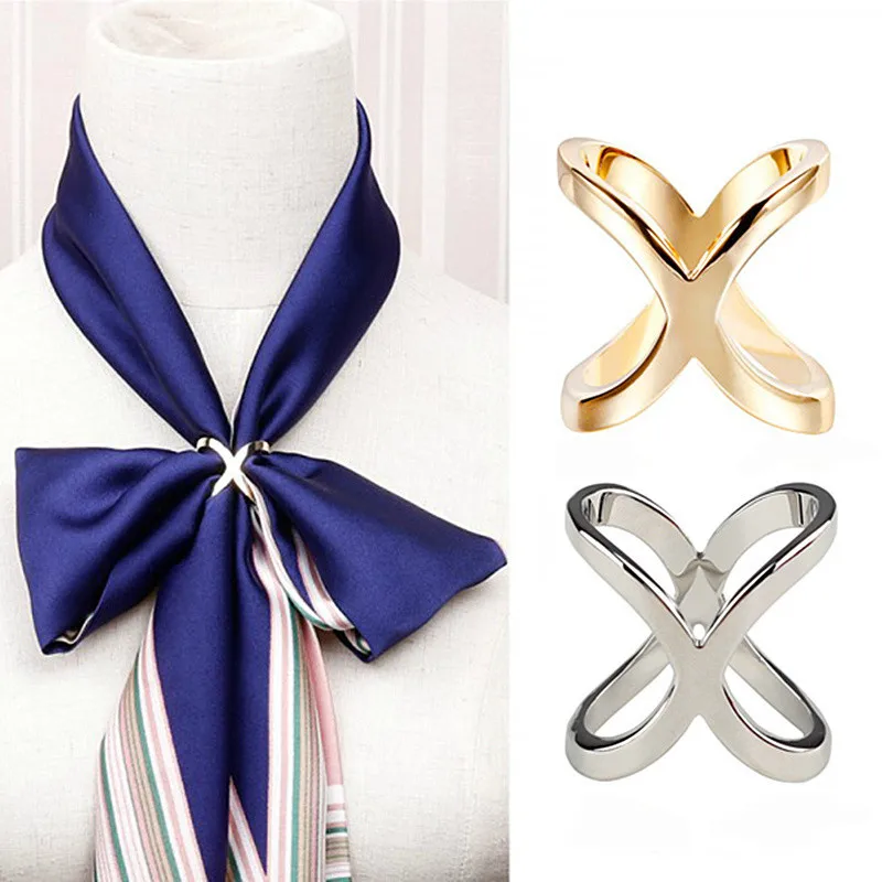 High Quality Cross Bow Scarf Clip Metal Button X Shape Brooches  Scarves Buckle Square Shawls Jewelry Accessories