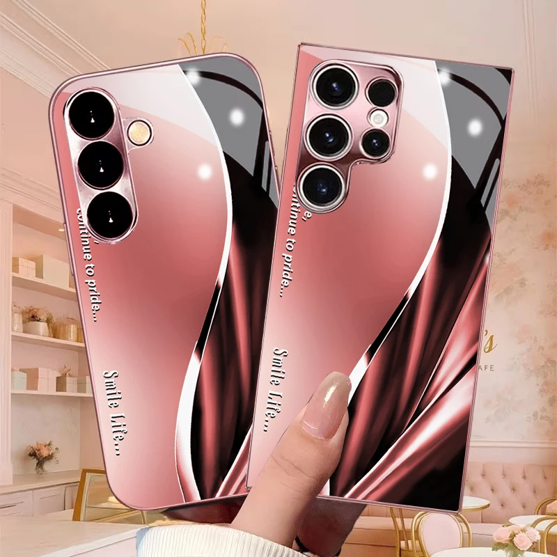 Gradient Satin Art Electroplated Pink Phone Case For Samsung Galaxy S26 Ultra S25 Edge S24 FE S23 Plus S22 S21 S25+ Glass Cover