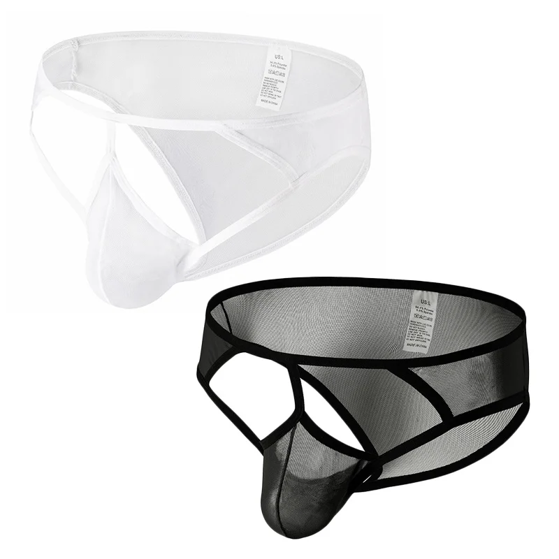 

2PCS Men's Briefs Underwear Fashion Solid Transparent Mesh Breathable Convex Sissy Panties Thongs Underpants Calzoncillos