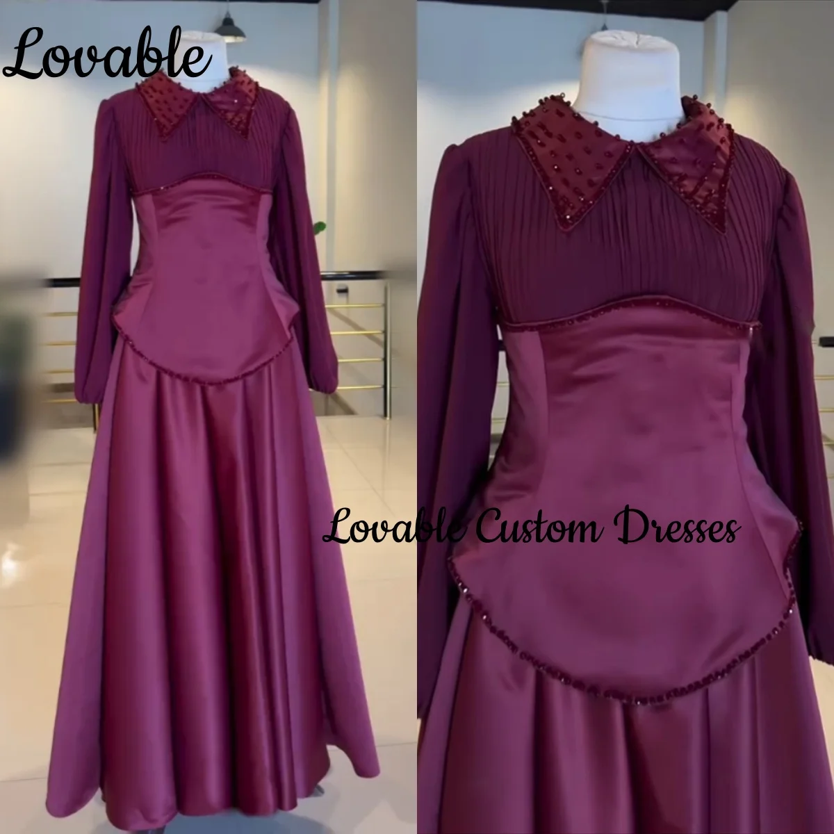 

Elegant Customize Burgundy Luxury Evening Dresses A-Line Scoop Neckline Floor-Length Formal Occasion Dresses Beadings Long Sleev