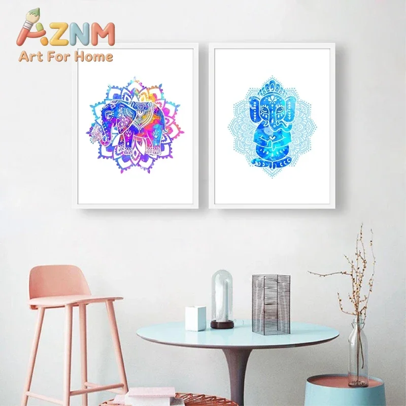 AZNM Mandala Elephant Ganesha Canvas Wall Art Frameless Colorful Watercolor Bohemian Ethnic Print Poster for Home Wall Decor