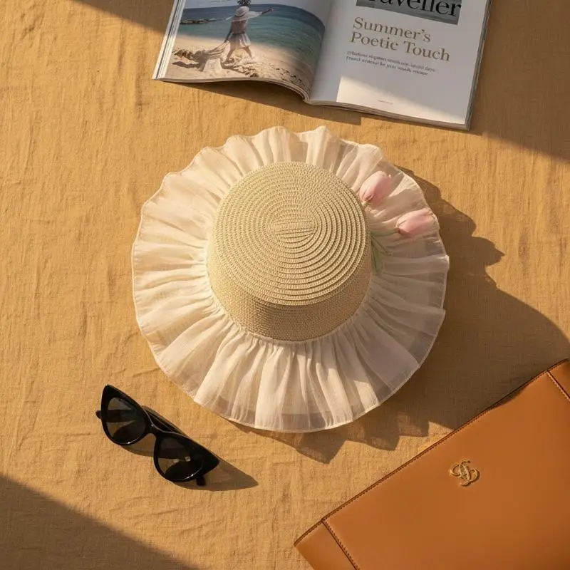 Womens Straw Sun Hat Wide Brim Elegant Lace Bow Summer UV Block for Beach Vacation and Picnic