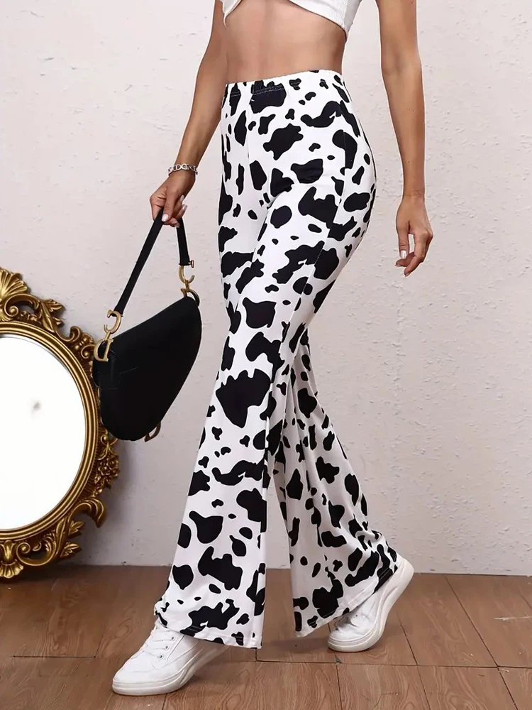 Woman Cow Print Bell Sports Bottoms High Waist Slim Casual Elastic and Comfortable Flare Pants Female Trousers Pants