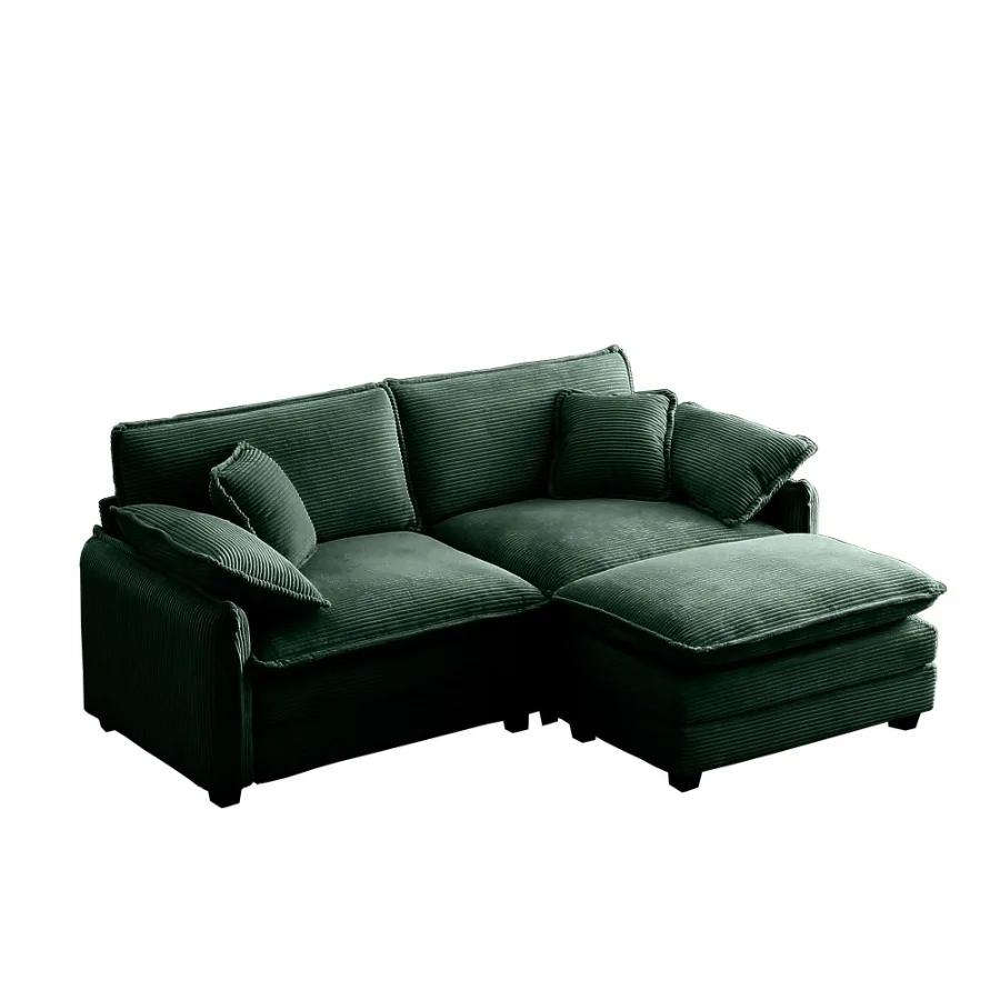 Zweisitzer-Sofa mit einer Fußstütze, L-förmiges 2-Sitzer-Sofa mit Ottomane für kleine Wohnräume, grüner Cord