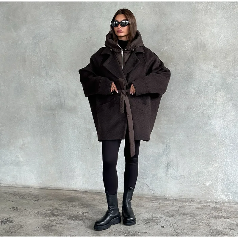 Solid Patchwork Women's Jackets Detachable Hooded Lace Up Pockets Coats Lady Chic Loose Outerwears 2026 Spring Autumn New Coat