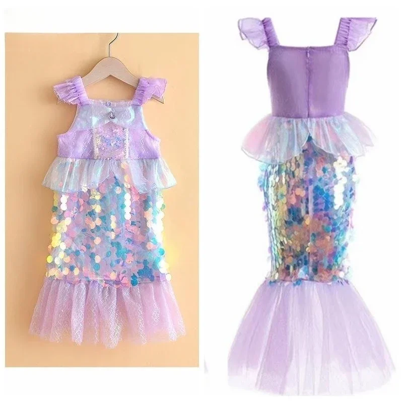 Baby Little Mermaid Party Prom Cosplay Dresses Girl Birthday Costume 2 to 8 10 Years Summer Vacation Lilac Long Children Clothes