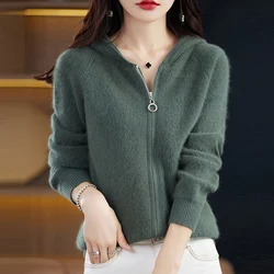 Cardigan de cashmere vison para mulheres, 100% puro vison, malha fashion, capuz com zíper, suéter solto, tamanho grande, casaco macio e quente, outono, inverno, 2023