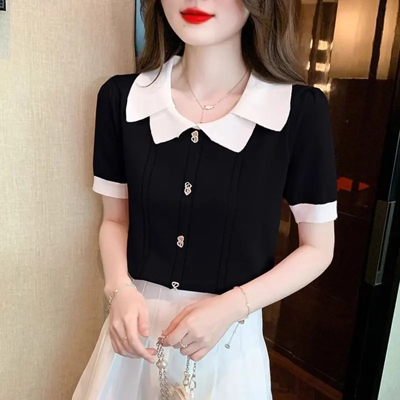 Women\'s Summer Casual Fashion Simplicity Doll Collar Short Sleeve T-Shirt Women Clothes Elegant All-match Temperament Slim Tops