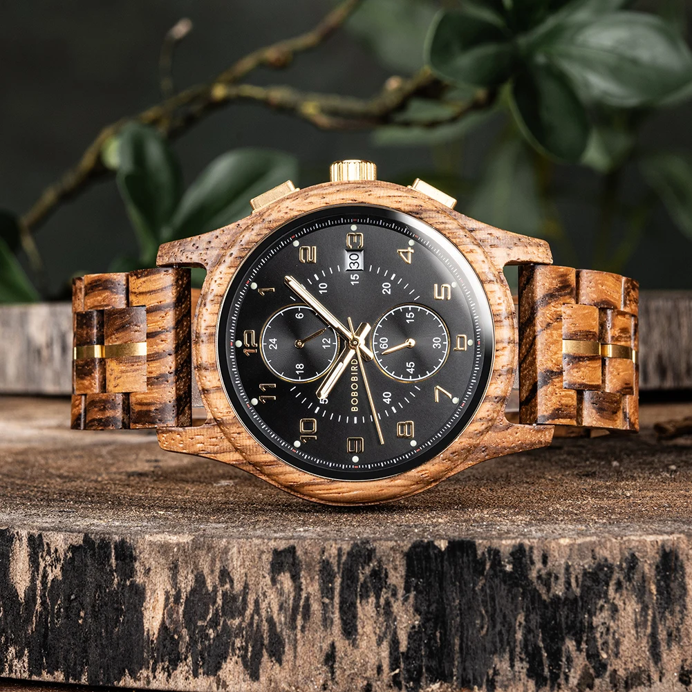 Engraved Wooden Watch for Men BOBO BIRD Chronograph Wristwatch with Luminous Hands Custom Wood Watches Anniversary Gift for Him