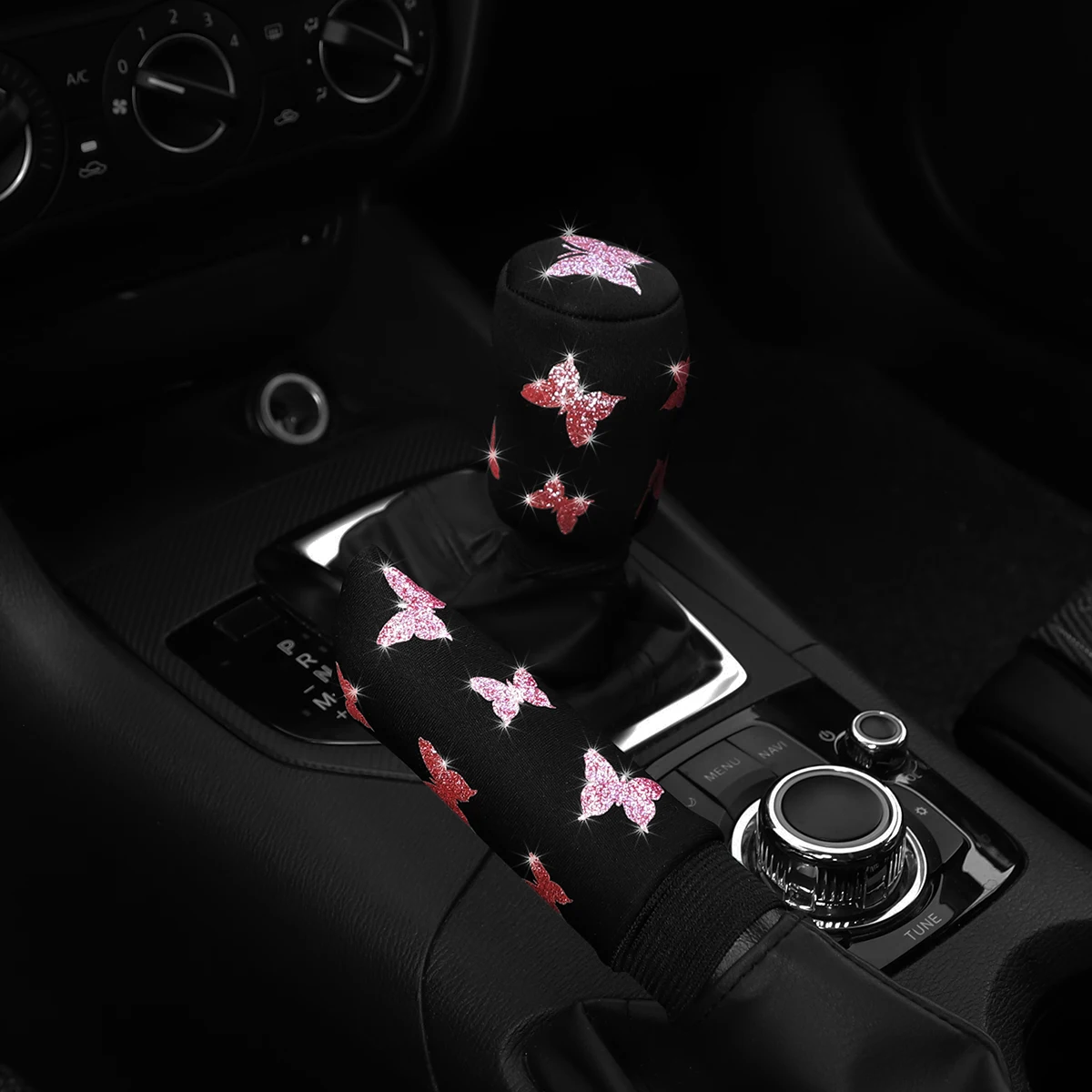 2PCS gold-embossed butterfly fabric shiny Blingbling car handbrake lever cover for manual transmission applicable to all cars