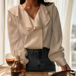 Fashion Long Sleeve Ruffled Women Blouse 2024 Spring V-neck Loose Casual Shirt Elegant Clothes Office Lady Tops Blusas Mujer