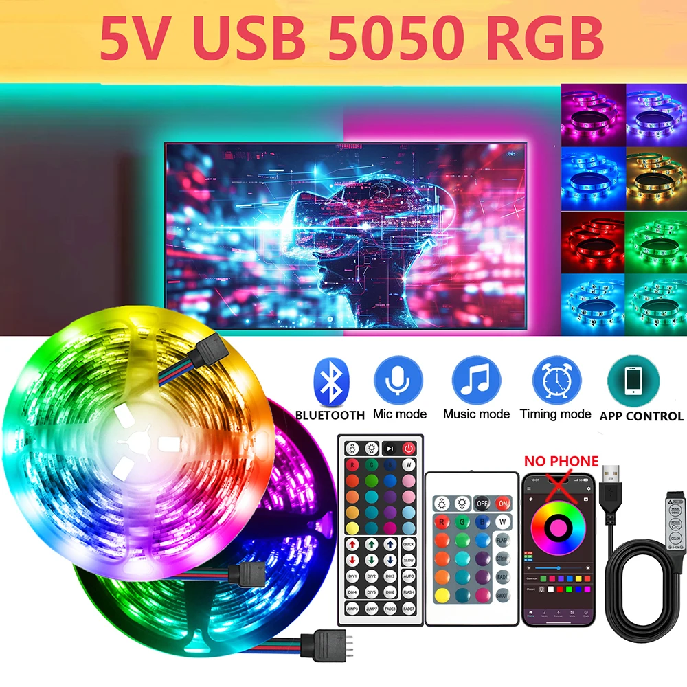 

5V USB LED Strip Light RGB 5050 Bluetooth APP 3key Controller 24key 44key Remote Control 30LED/M Flexible Tape Gaming Room Decor