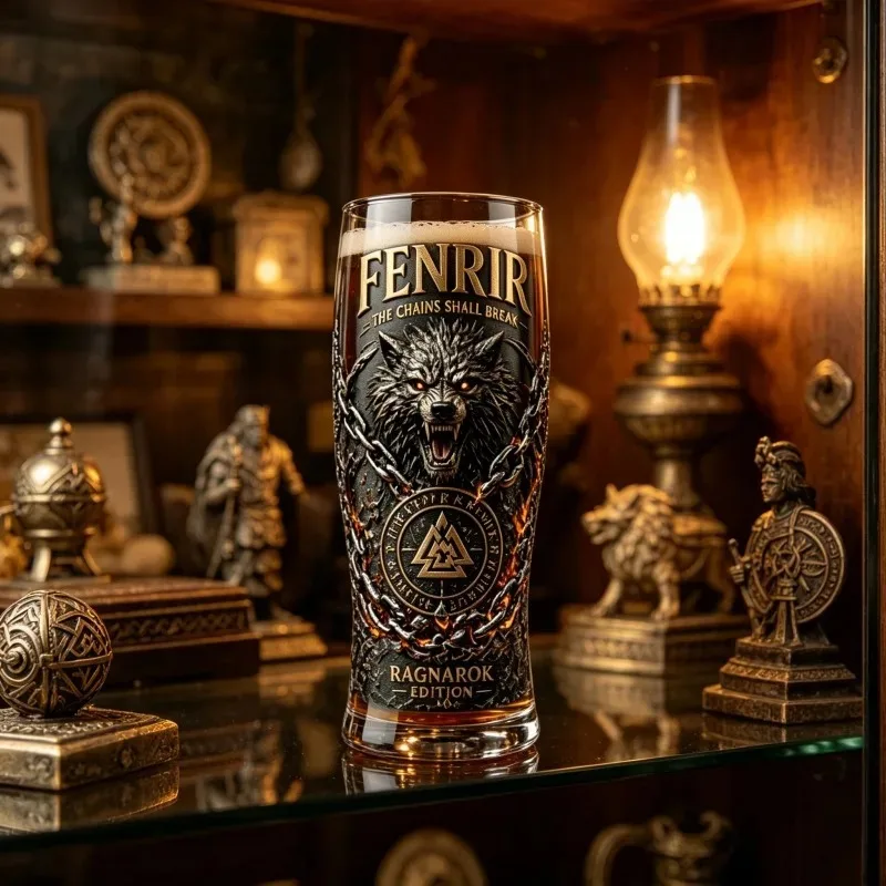 Fenrir Wolf Viking Beer Glass, Norse Mythology Ragnarok Edition Tumbler, The Chains Shall Break Pub Glassware for Bar Home Decor