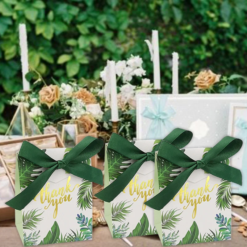 50pcs Green Leaf Thank You Bronzing Packaging Gift Bags DIY Ribbon Bow Cookie Candy Box Festival Party Wedding Favors