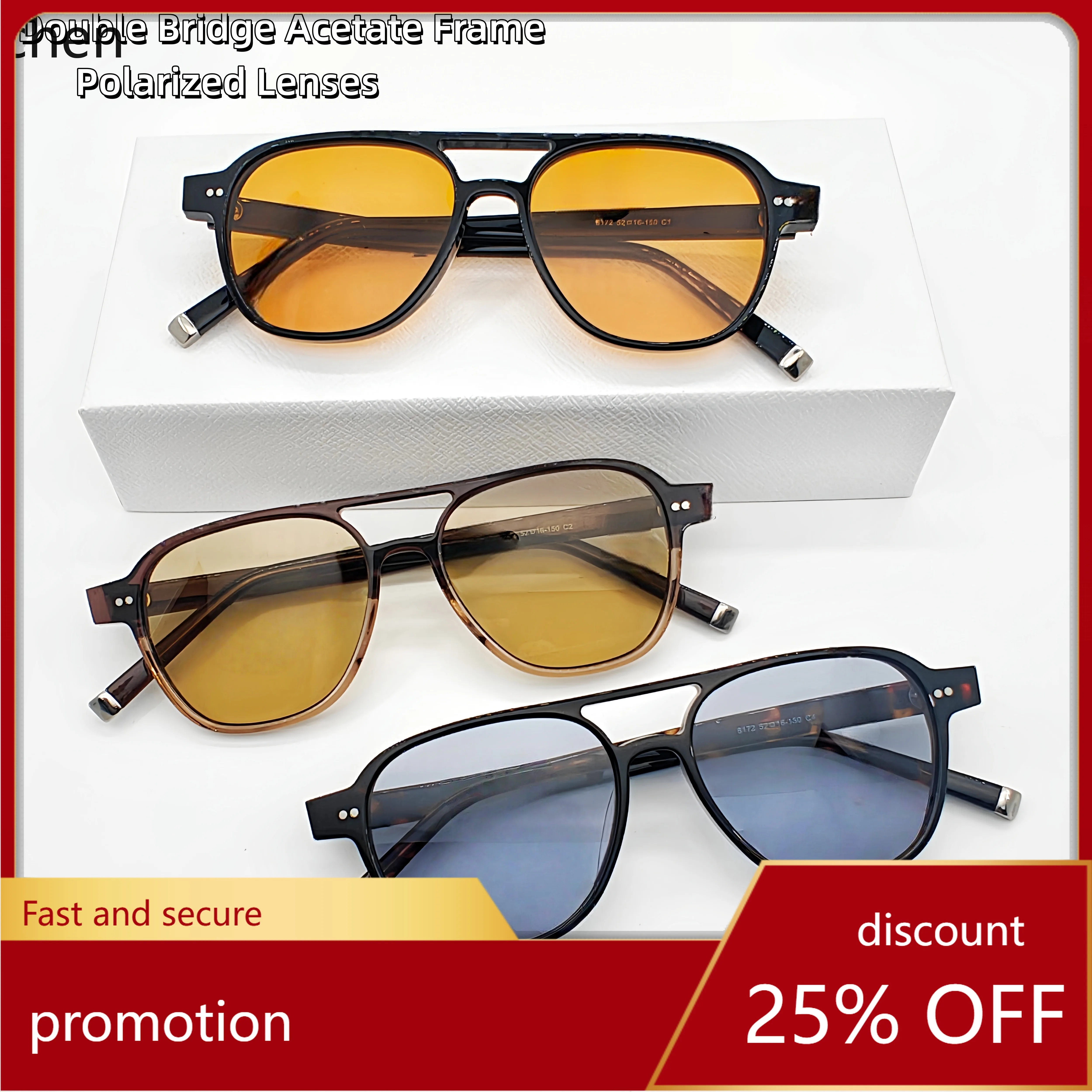 

YFY Pilot Style Double Bridge Polarized High Quality Acetate Vintage Big Frame UV Protection Sun Glasses For Women Men