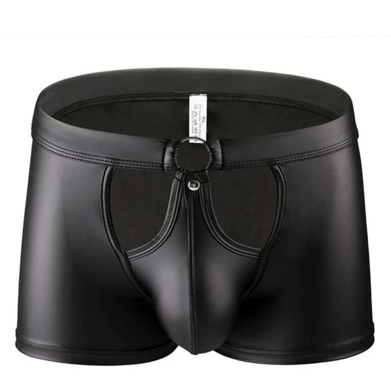 

Men's Boxers Shorts Underwear Black Faux Leather Calzoncillo Hollow Ring Lingeries Man Panties U Convex Pouch Underpants Cueca