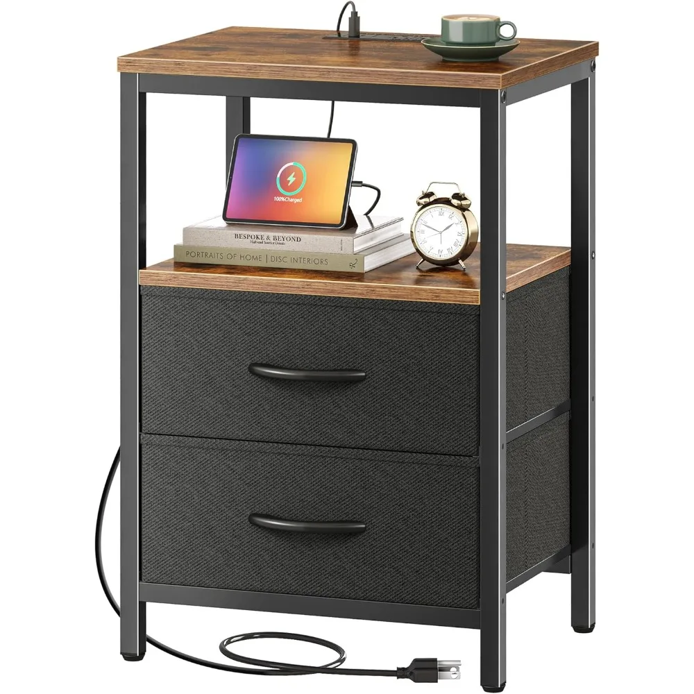 

Nightstand with Charging Station, Side Table with Fabric Drawers, End Table with Open Shelf, Bedside Table with USB Ports and O