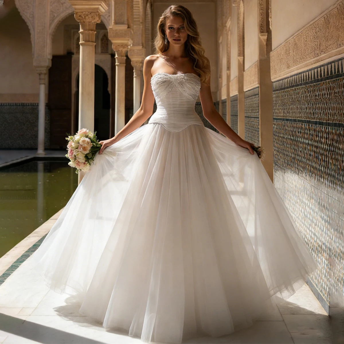 

Elegant Beaded Tulle Lace Ball Gown Wedding Dress For Women Strapless Long Ball Gown Bridal Party Gown For Bride Vestidos Novia