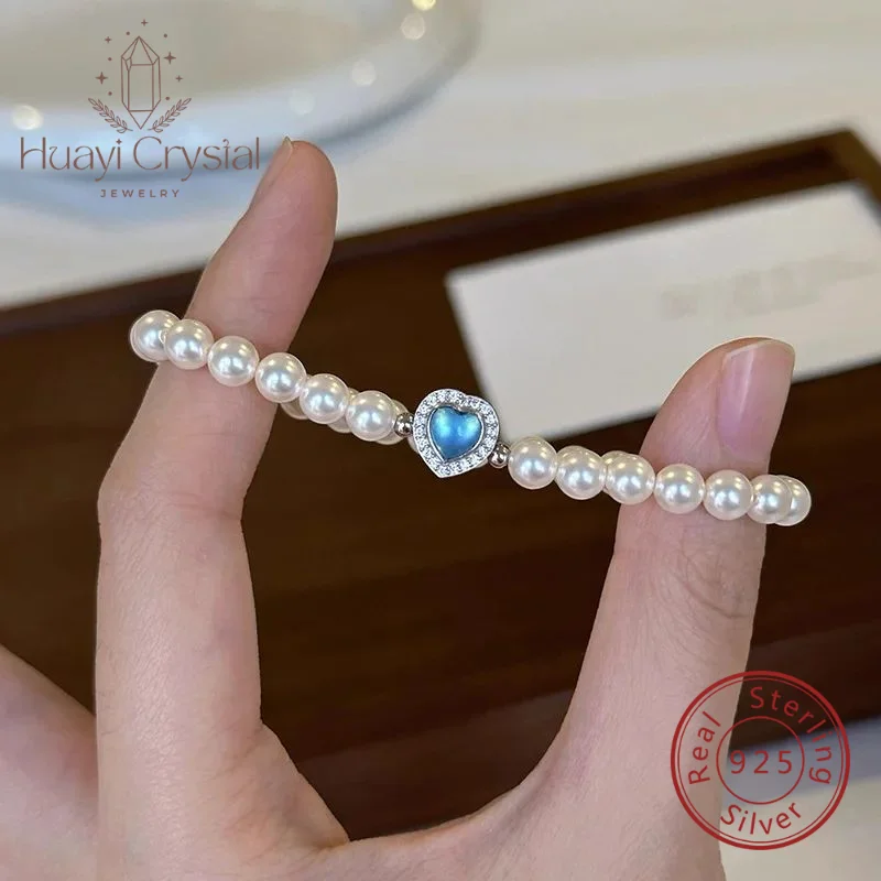 

Модный браслет из стерлингового серебра 925 пробы с жемчужными бусинами для женщин, сердце океана, лунный камень, сердце, милые ручные украшения