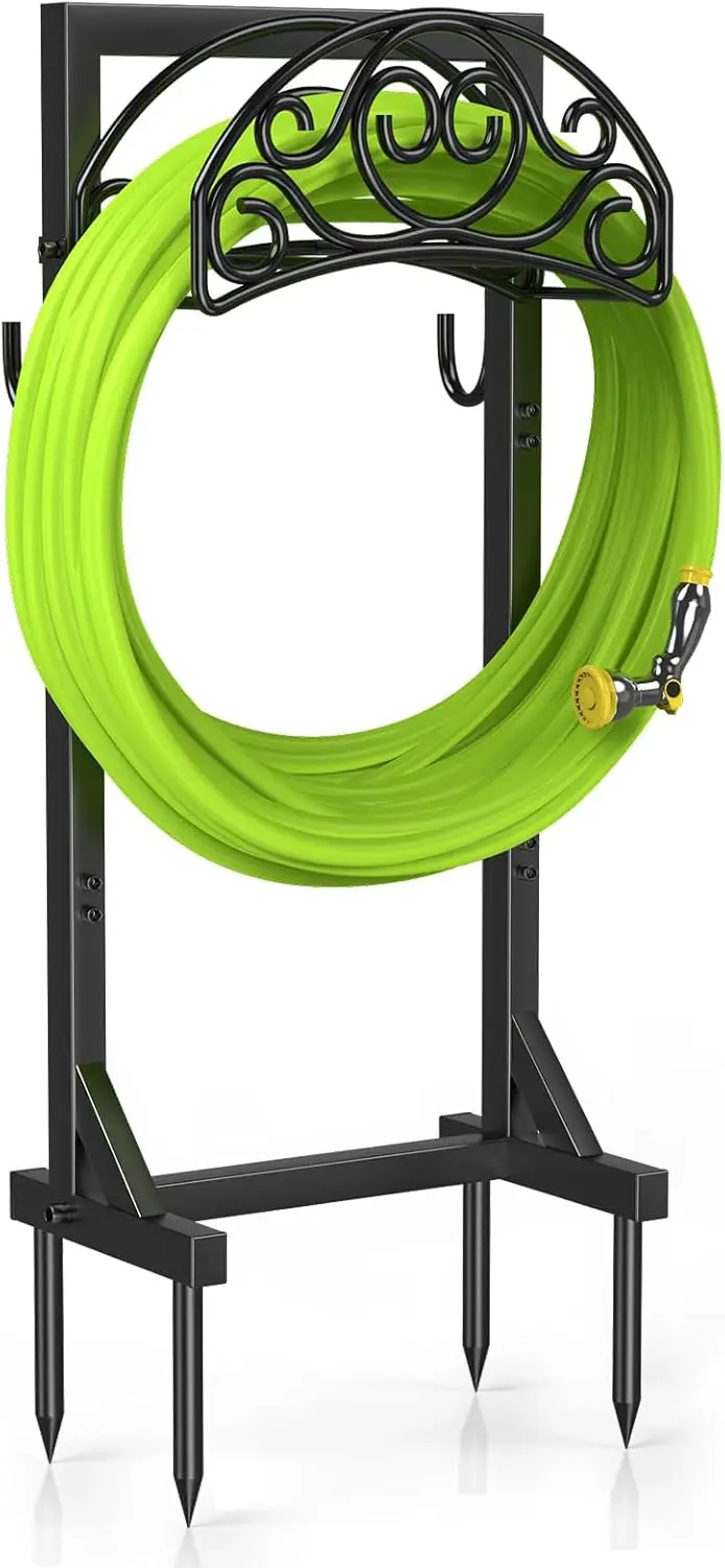 

Freestanding Garden Hose Stand with Tool Hooks, 4 Anchoring Spikes for 150 ft Storage in Yard & Lawn