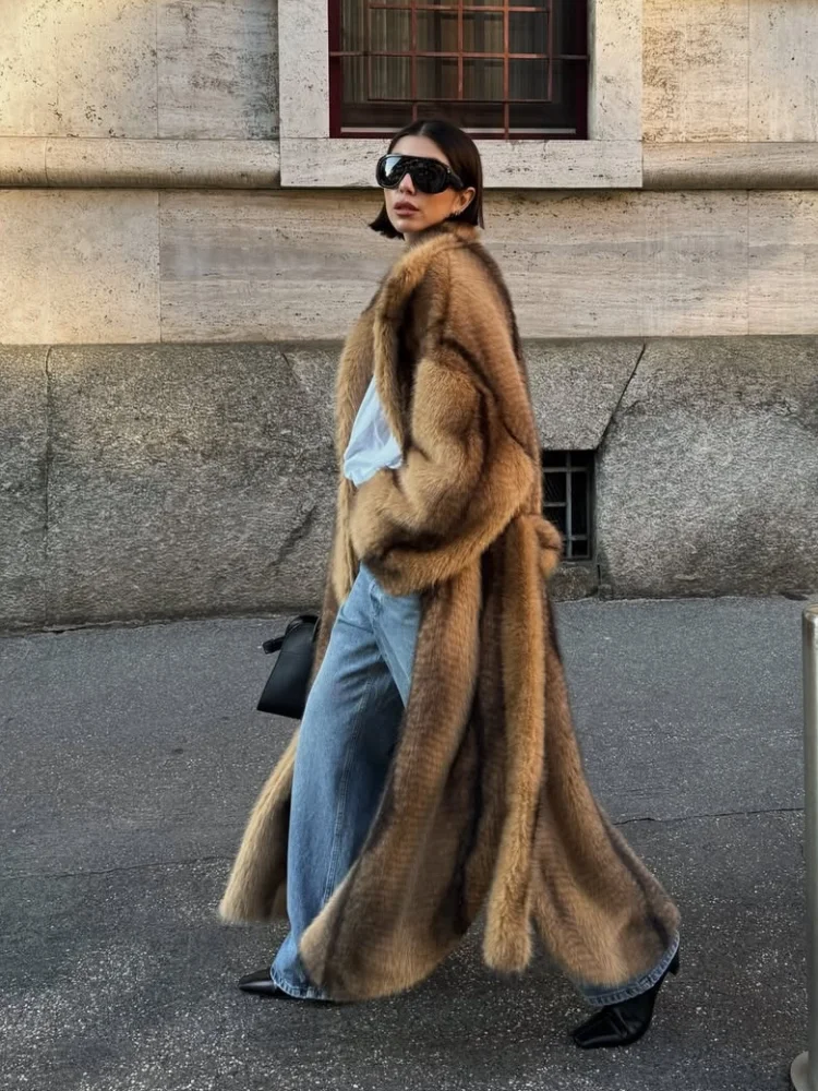 Fashion Women Tie-dye Long Faux Fur Coat Casual Full Sleeve Lapel V-neck Loose Furry Coats 2026 Lady Winter Daily Commute Wear