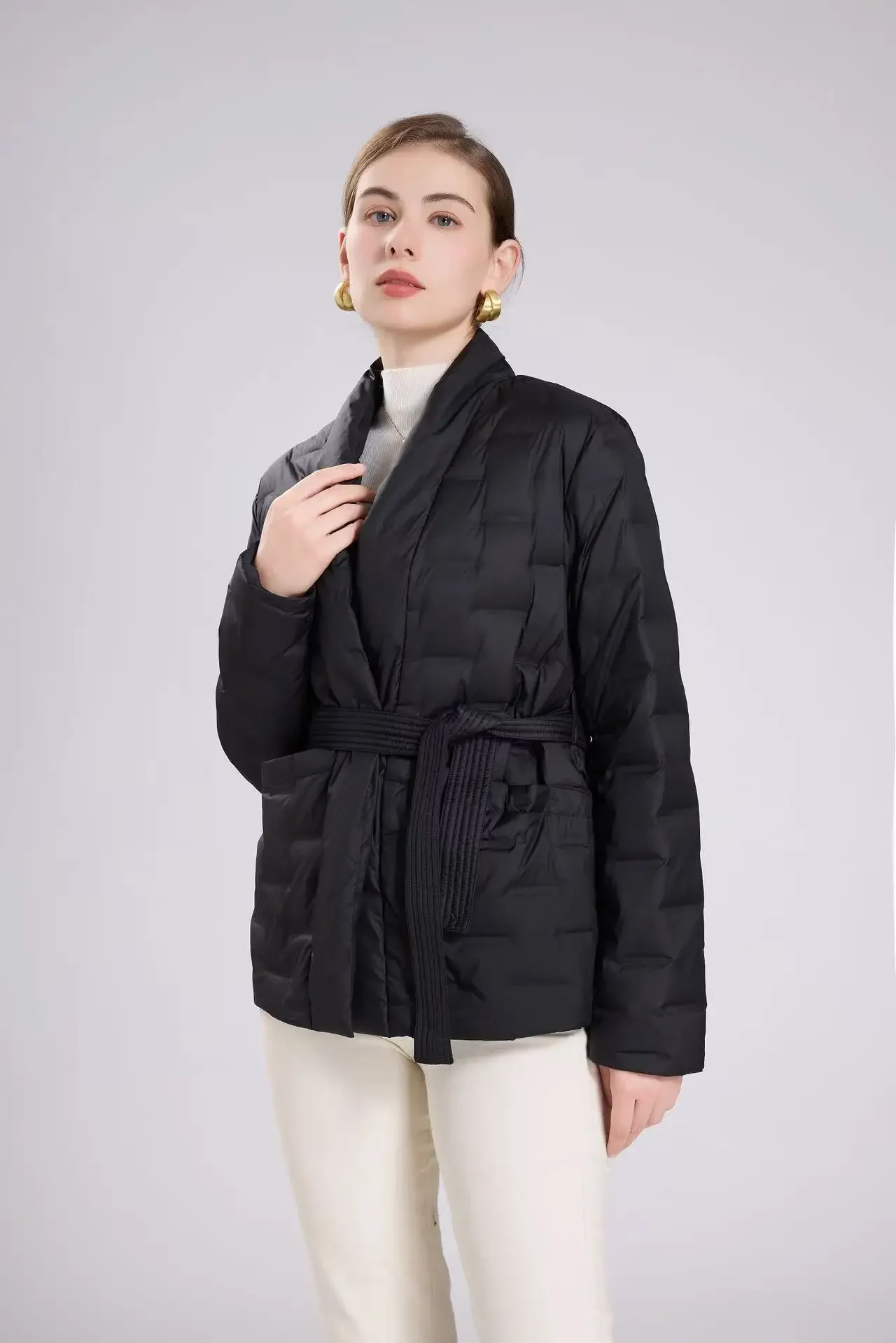 Kurtka puchowa damska jesienno-zimowa europejska, kardigan do pracy, dekolt w serek, kurtka z białego puchu kaczego.