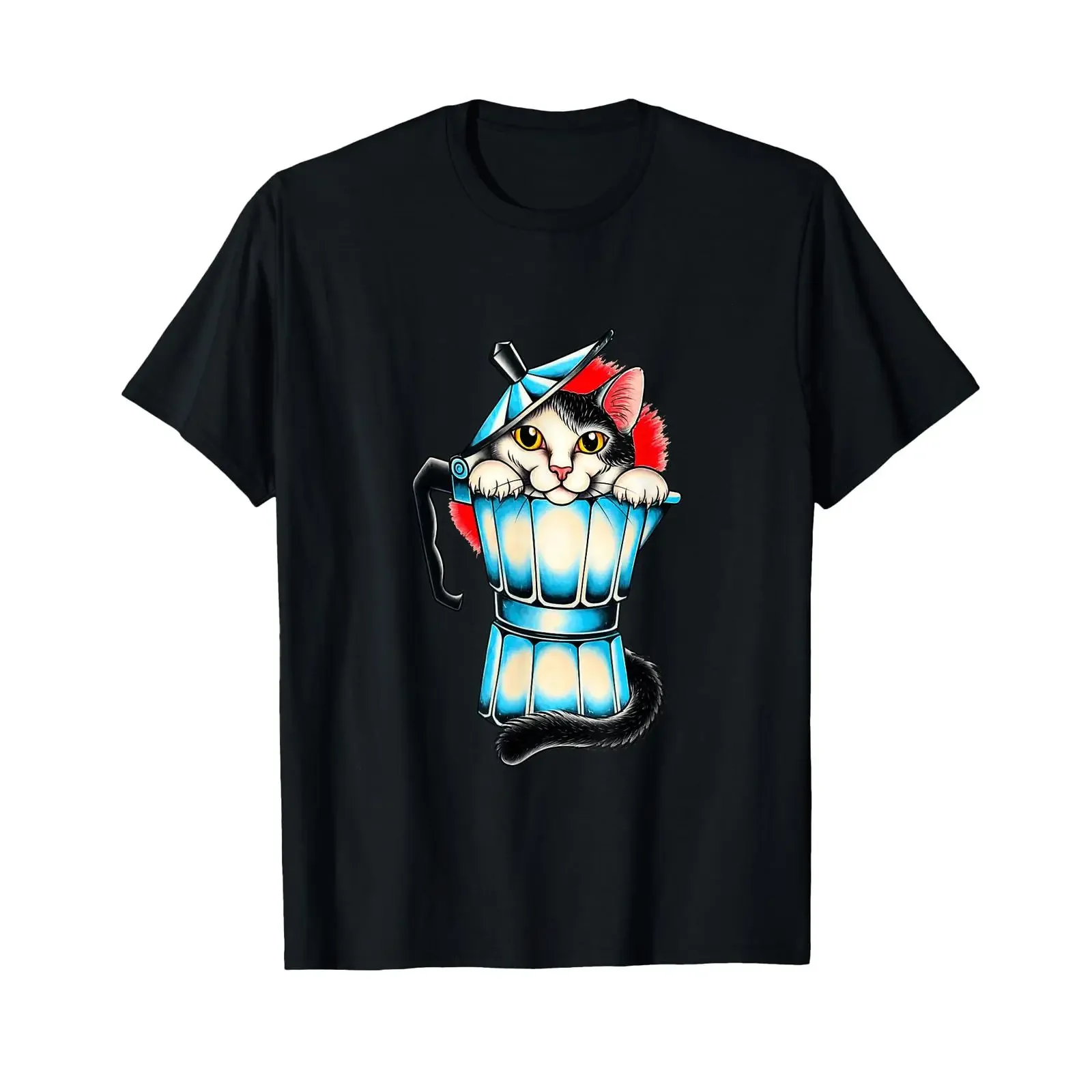 Chat Mignon dans Une cafetière Bleue pour Amateurs de café T Shirt vintage Washed Breathable graphic homme