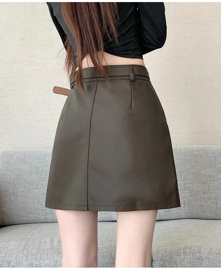 New PU Leather Cargo Mini Skirts for Women High Waist A-Line Short Skirt with Pockets Trendy Streetwear Designer Layering Skirt