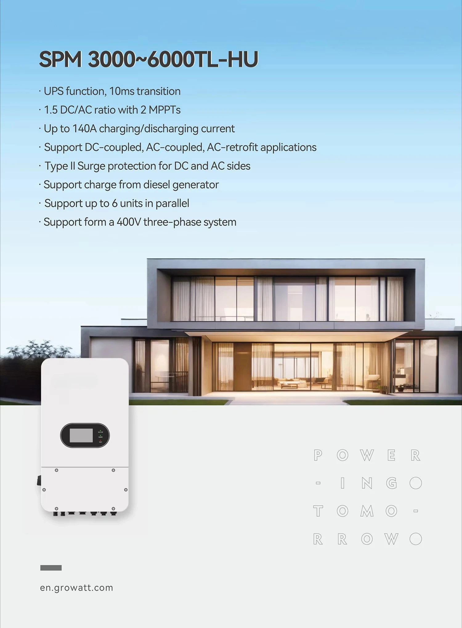 IP65 Protection SPM 3000-6000TL-HU Single Phase 3kw 4kw 5kw 6kw Energy Storage Low Voltage Hybrid Solar Inverter