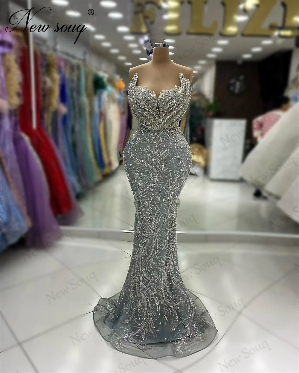 

Sliver Beading Evening Dresses Plus Size Mermaid Long Pageant Dress Robes De Soiree Dubai Crystals Formal Wedding Party Gowns