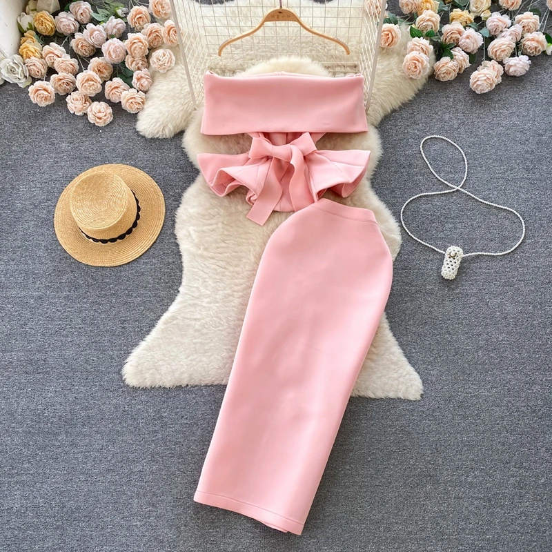 

Palace Style Dress Set Sexy One Shoulder Strap Lotus Leaf Swing Top and Versatile Half Body Skirt Two-Piece Set
