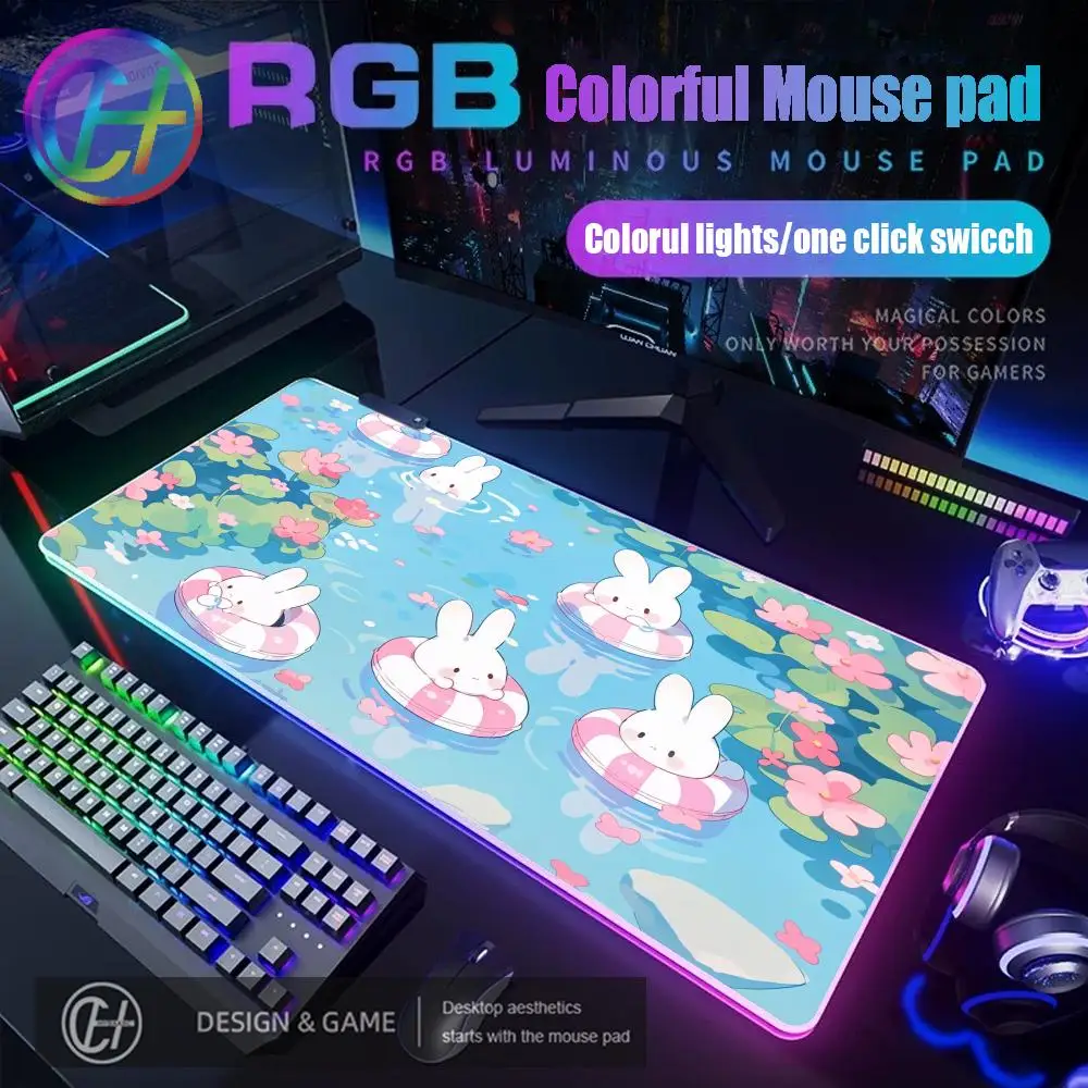 

Новый игровой коврик для мыши HYBXAXC 2026 с розовым цветочным кроликом, RGB-подсветкой, HD-дизайном, большой LED-подсветкой, XXL 800x400x4 мм, для стола