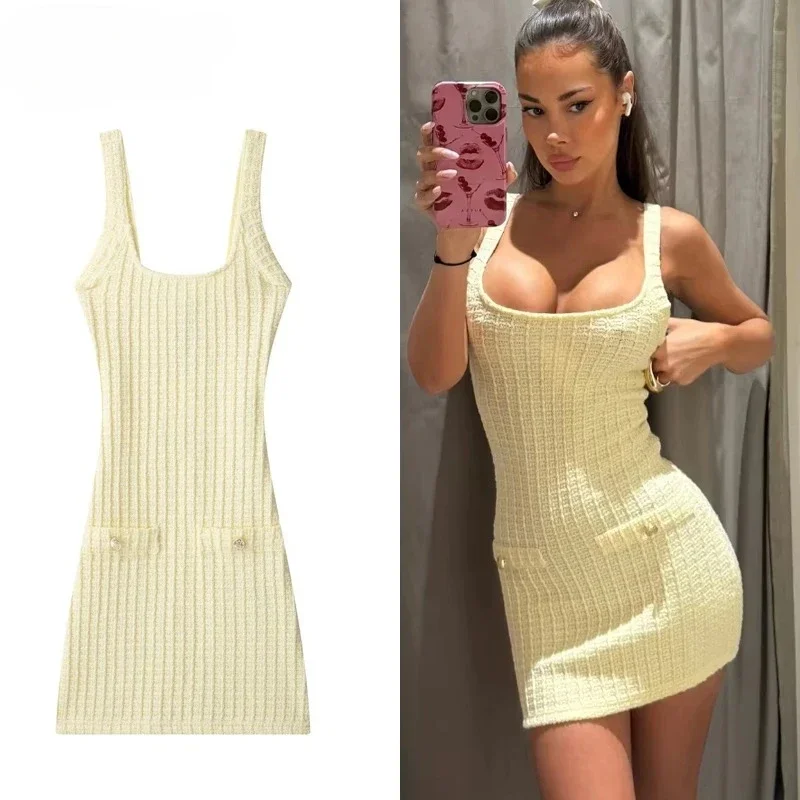

Summer Women Knitted Short Dresses Bodycon Mini Dress Woman Backless Beach Dress Women Sleeveless Female Vestidos