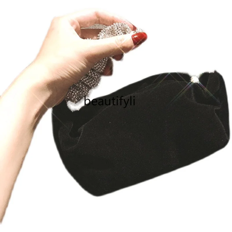 Velvet Bag Portable Diamond Bag Rhinestone Dinner Black Hand Carrying Female Banquet Bag