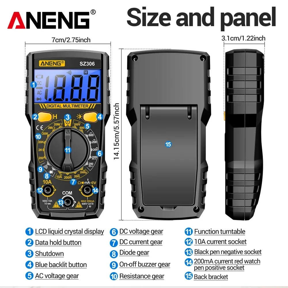 Digital Multimeter Tester ANENG SZ306 1999 Counts  600V AC/DC Voltage Diode Test Current Meter Buzzer Ohm Test electrician tools
