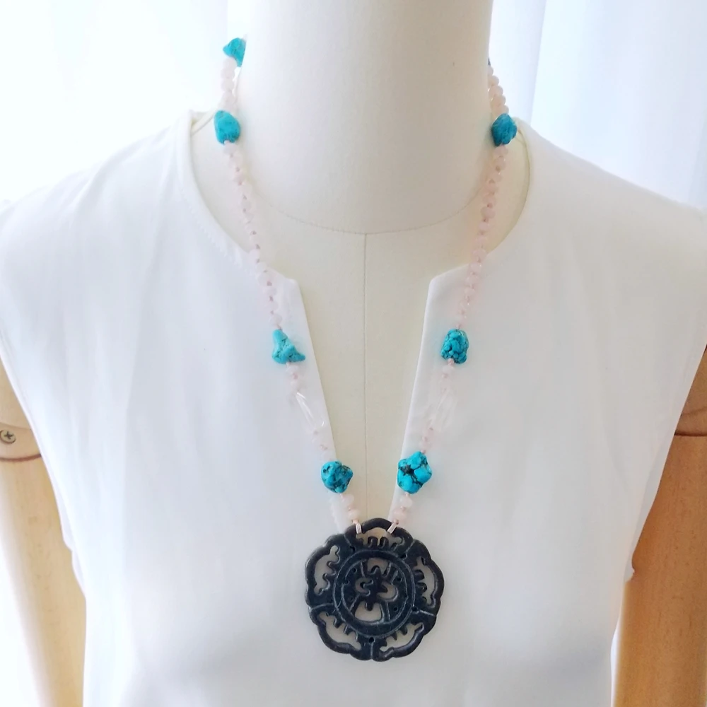 Lii Ji Natural Stone Necklace Turquoise Rose Quartz Black Jade Pendant Necklace Stock Sale Jewelry Gift