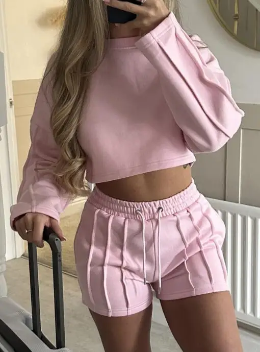 

Women's Two-Piece Set 2025 Autumn/winter Casual Solid Color Hoodie Strap Shorts Set Street Fashion Retro Casual Shorts Set