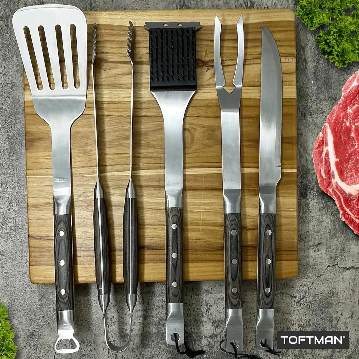 Grill Set, Stainless-Steel Spatula, Fork, and Tongs with Extra-Long Handles for Safe, Easy Flipping and Turning, Grillin