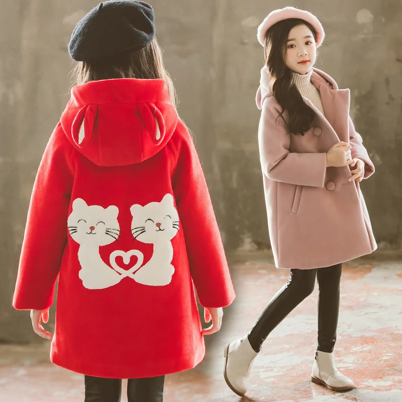 Winter 2023 Children's Woolen autumn Coats For Teenager Cute Cat Print Back Long Wool Outerwear Girls jackets Clothing clothes