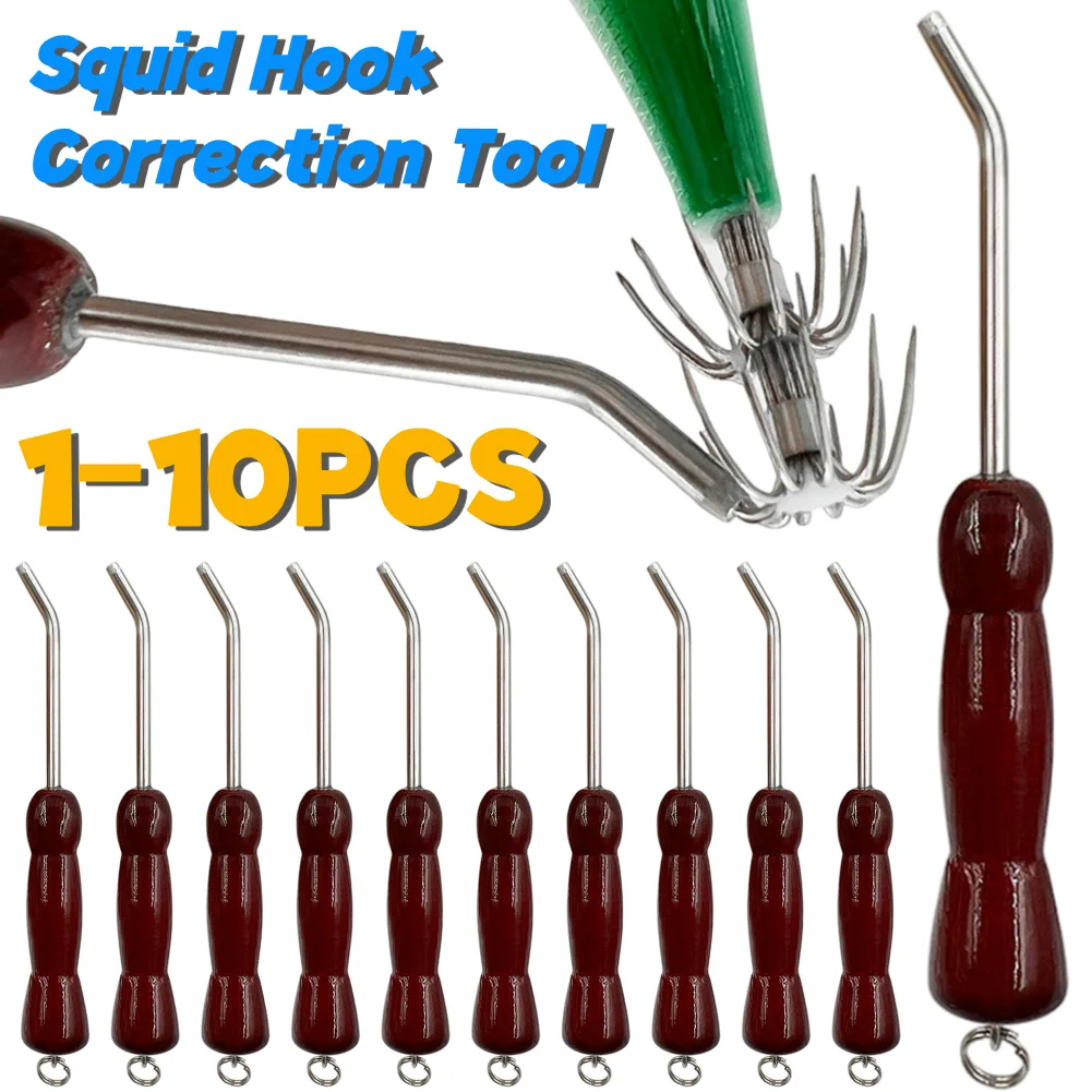 1-10PCS Stainless Steel Squid Hook Adjuster Wooden Handle Squid Jig Hook Repair Tool Squid Hook Correction Tool for Tackle