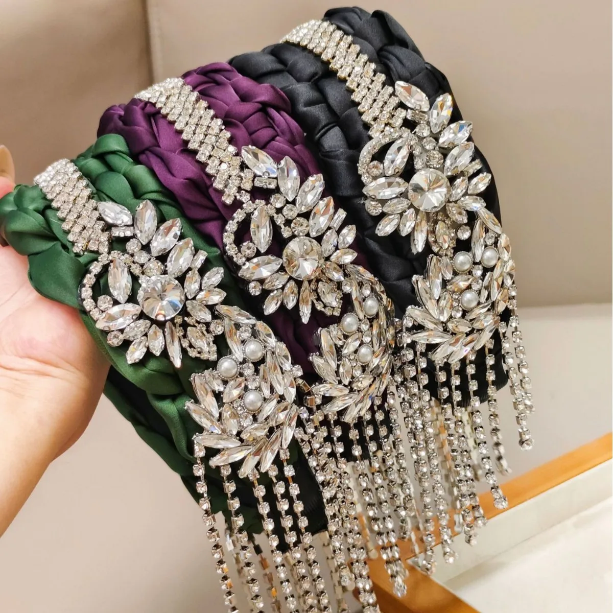 

Hot Sale Heavy Craft Rhinestones Tassels Braided Hairband High-end Luxury Wide Hair Accessory for Women