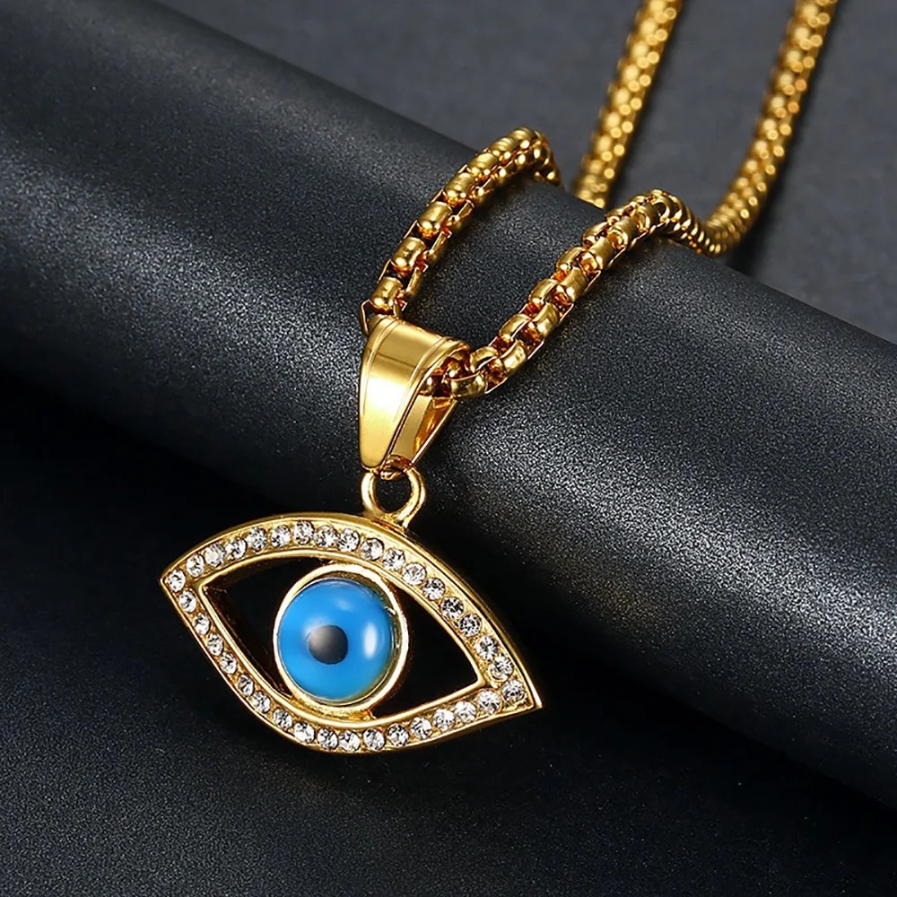 Hip Hop Iced Out Bling Blue Evil Eyes ciondolo Color oro collana in acciaio inossidabile CZ Eye per donna uomo regalo di gioielli turchi