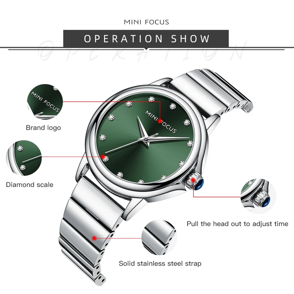 MINI FOCUS Elegant Gradient Dial Ladies Watch Luxury Rhinestone Markers Japan Quartz Movement Stainless Steel Band 0493L