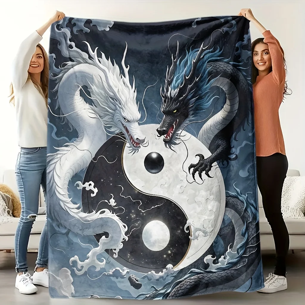 Cosmic Yin Yang Dragon Blanket Throw Mythology Oriental Style Decorative Fleece Winter Couch Cover
