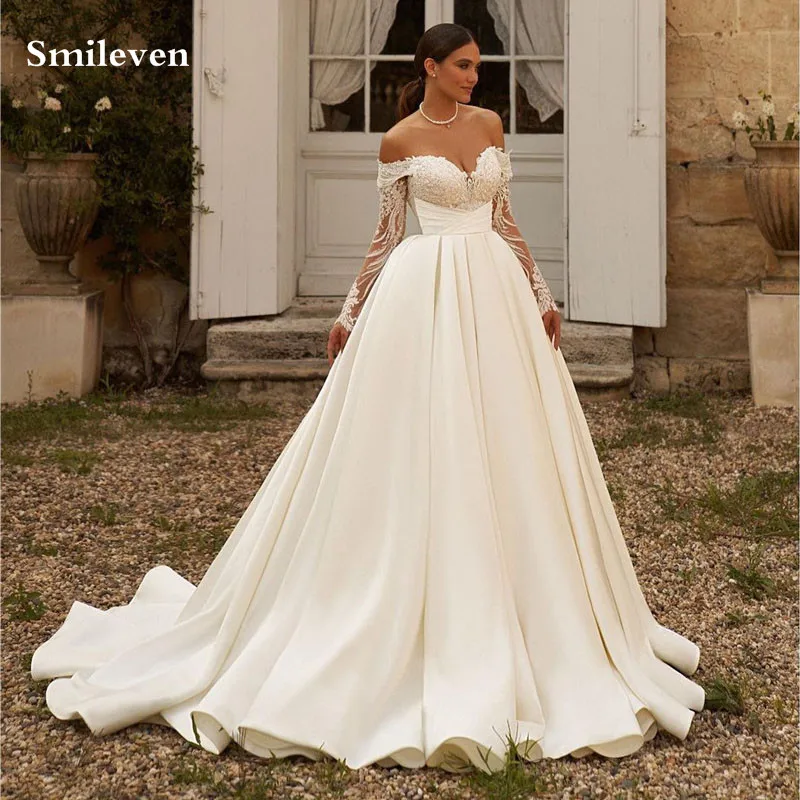 

Smileven Saudi Arabia Satin Wedding Dress Off The Shoulder Lace Long Sleeve Bride Dresses Modest vestidos de novia Bridal Gowns