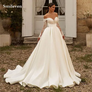 Smileven vestido de novia de satén de Arabia Saudita, hombros descubiertos, encaje, manga larga, vestidos de novia modestos, vestidos de novia